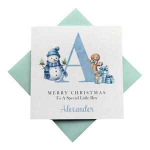 Snowman Merry Christmas Little Boy Christmas Card - Greeting Card Personalised