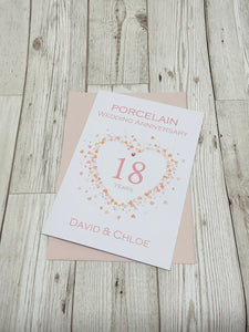 18th Wedding Anniversary Card - Porcelain 18 Year Eighteenth Anniversary Luxury Greeting Card, Personalised - Love Heart