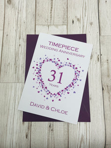 31st Wedding Anniversary Card - Timepiece 31 Year Thirty First Anniversary Luxury Greeting Card, Personalised - Love Heart