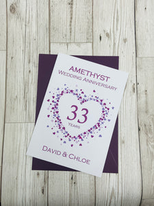 33rd Wedding Anniversary Card - Amethyst 33 Year Thirty Third Anniversary Luxury Greeting Card, Personalised - Love Heart
