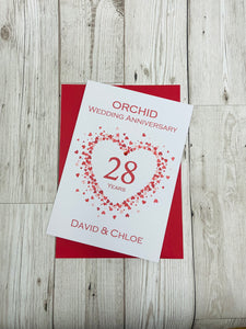 28th Wedding Anniversary Card - Orchid 28 Year Twenty Eighth Anniversary Luxury Greeting Card, Personalised - Love Heart
