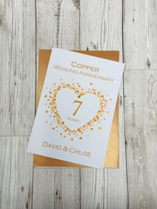 7th Anniversary Card - Copper 7 Year Seventh Wedding Anniversary Luxury Greeting Card Personalised - Love Heart