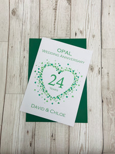 24th Wedding Anniversary Card - Opal 24 Year Twenty Fourth Anniversary Luxury Greeting Card, Personalised - Love Heart