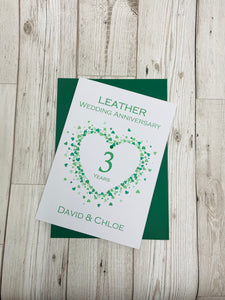 3rd Anniversary Card - Leather 3 Year Third Wedding Anniversary Luxury Greeting Card Personalised - Love Heart