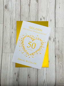 50th Wedding Anniversary Card - Golden 50 Year Fiftieth Anniversary Luxury Greeting Card Personalised - Love Heart