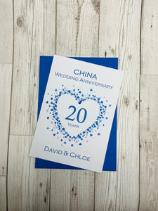 20th Wedding Anniversary Card - China 20 Year Twentieth Anniversary Luxury Greeting Card, Personalised - Love Heart