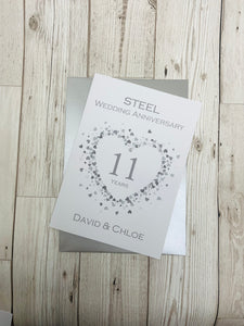 11th Wedding Anniversary Card - Steel 11 Year Eleventh Anniversary Luxury Greeting Card, Personalised  - Love Heart