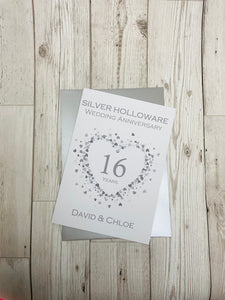 16th Wedding Anniversary Card - Silver Holloware 16 Year Sixteenth Anniversary Luxury Greeting Card - Love Heart