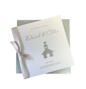 Wedding Day Card - Luxury Greeting Card Personalised - Glitter Church