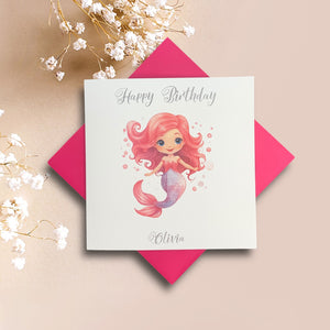 Birthday Card - Personalised Greeting Card - Pink Mermaid