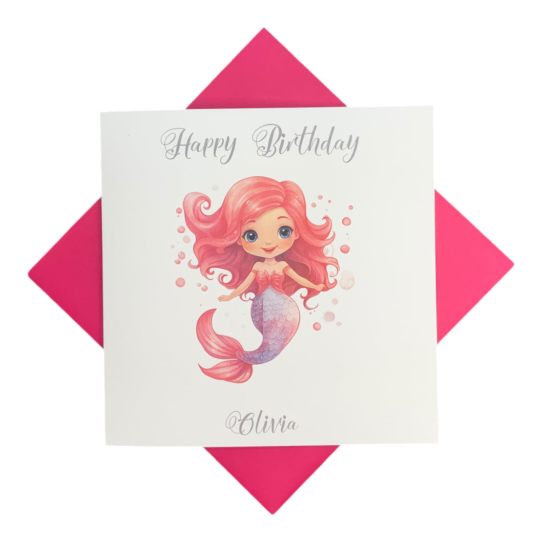 Birthday Card - Personalised Greeting Card - Pink Mermaid