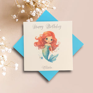 Birthday Card - Personalised Greeting Card - Turquoise Mermaid