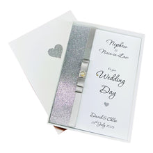 Load image into Gallery viewer, Nephew &amp; Niece-in-Law Wedding Day Card - Bride &amp; Groom Luxury Greeting Personalised Bow - 18 Colours

