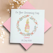 Load image into Gallery viewer, Peter Rabbit Wreath Personalised Girls Christening Card - Baptism, Naming Day Etc
