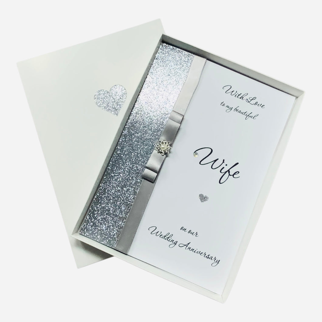 Wife Wedding Anniversary Card - Personalised -14 Colour Coice - Luxury Bow
