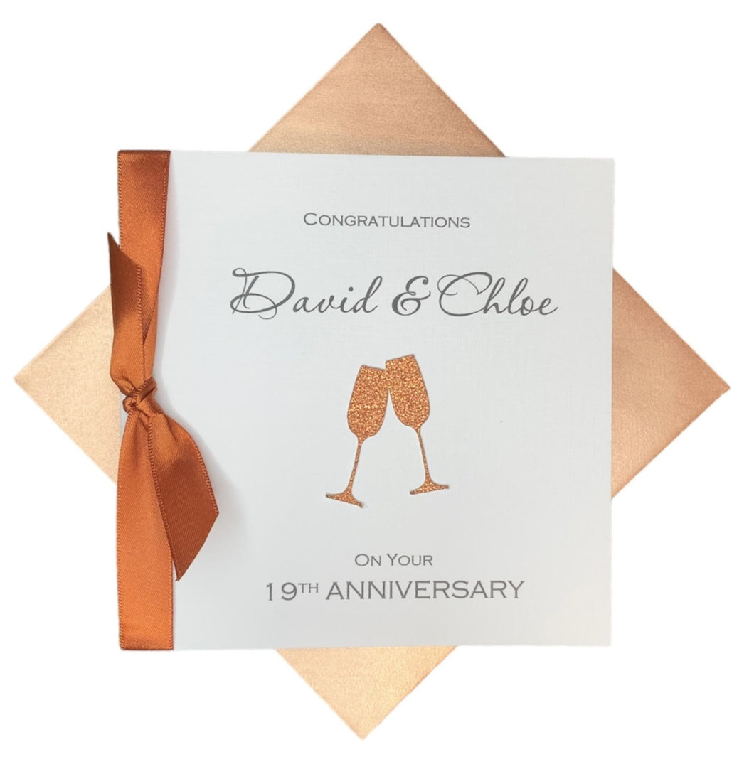 19th Anniversary Card - Bronze 19 Year Wedding Anniversary Luxury Greeting Card Personalised - Champagne