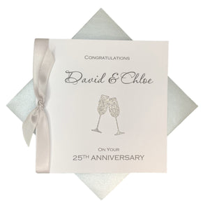 25th Anniversary Card - Silver 25 Year Wedding Anniversary Luxury Greeting Card Personalised - Champagne