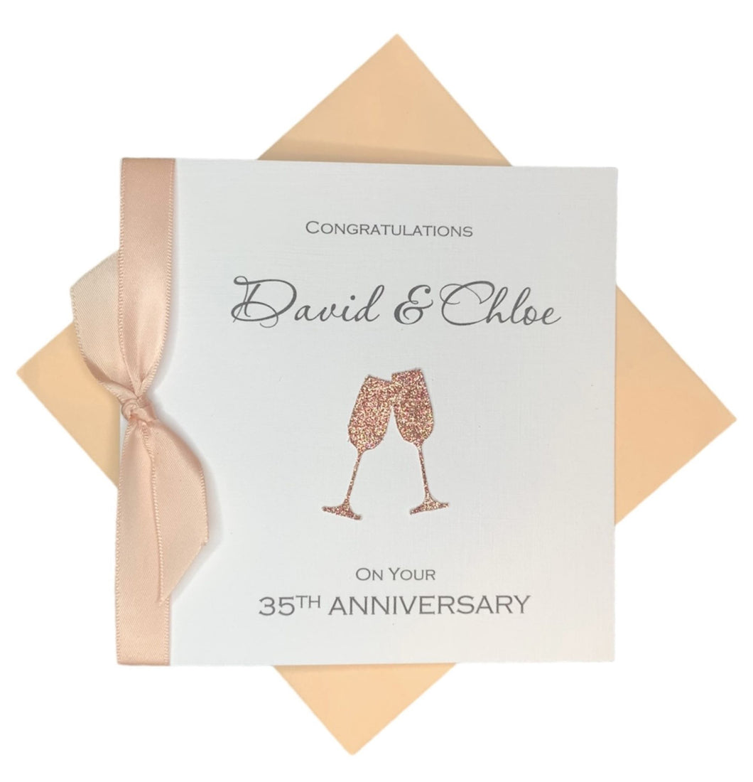 35th Anniversary Card - Coral 35 Year Wedding Anniversary Luxury Greeting Card Personalised - Champagne