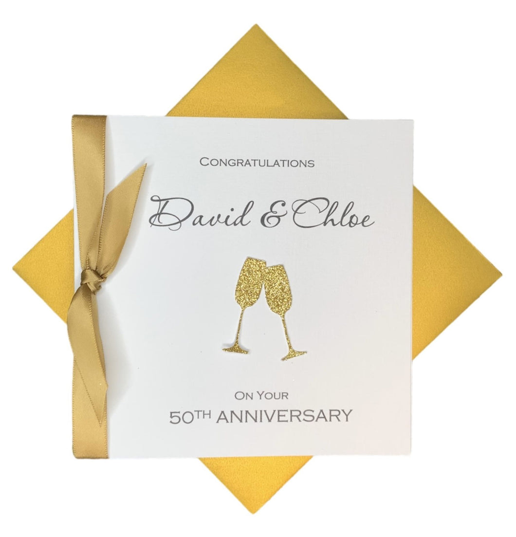 50th Anniversary Card - Golden 50 Year Wedding Anniversary Luxury Greeting Card Personalised - Champagne