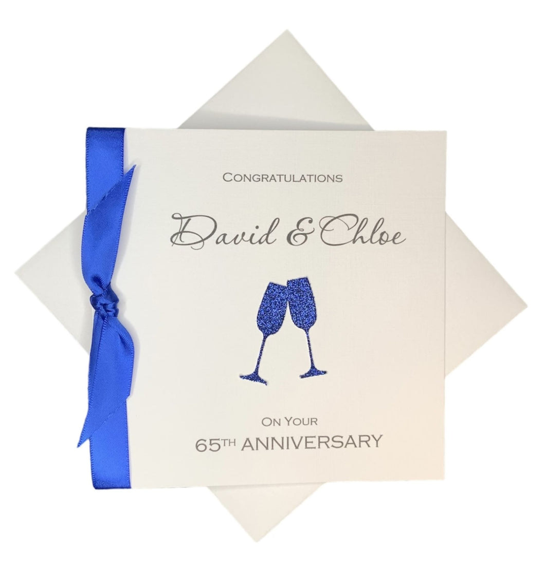 65th Anniversary Card -Blue Sapphire 65 Year Wedding Anniversary Luxury Greeting Card Personalised - Champagne