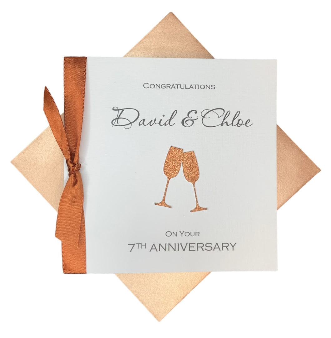 7th Anniversary Card - Copper 7 Year Seventh Wedding Anniversary Luxury Greeting Card Personalised - Champagne