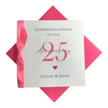 Load image into Gallery viewer, 25th Wedding Anniversary Card - Silver 25 Year Twenty Fifth Greeting Card, Gift for Wife, Husband, Parents Couple Friends - Ribbon Number
