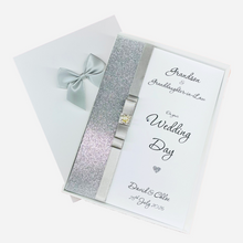Load image into Gallery viewer, Grandson &amp; Granddaughter-in-Law Wedding Day Card - Bride &amp; Groom Luxury Greeting Personalised Bow - 18 Colours

