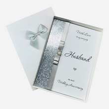 Load image into Gallery viewer, Husband Wedding Anniversary Card - Personalised  -14 Colour Coice - Luxury Bow
