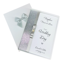 Load image into Gallery viewer, Nephew &amp; Niece-in-Law Wedding Day Card - Bride &amp; Groom Luxury Greeting Personalised Bow - 18 Colours
