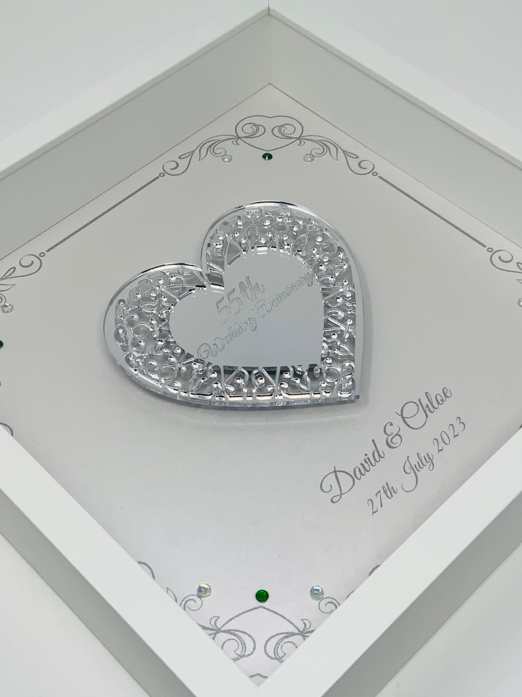 55th Emerald 55 Years Wedding Anniversary Frame - Intricate Mirror Heart