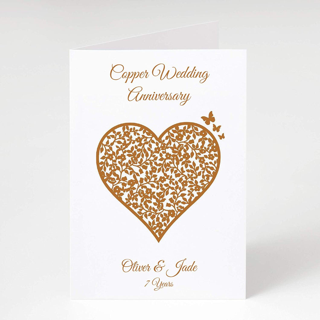 7th Copper Wedding Anniversary Personalised Card - 7 Years - Vintage Heart