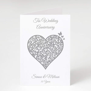 10th Tin Wedding Anniversary Personalised Card - 10 Years - Vintage Heart
