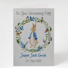 Load image into Gallery viewer, Peter Rabbit Wreath Personalised Boys Christening Card - Baptism, Naming Day Etc
