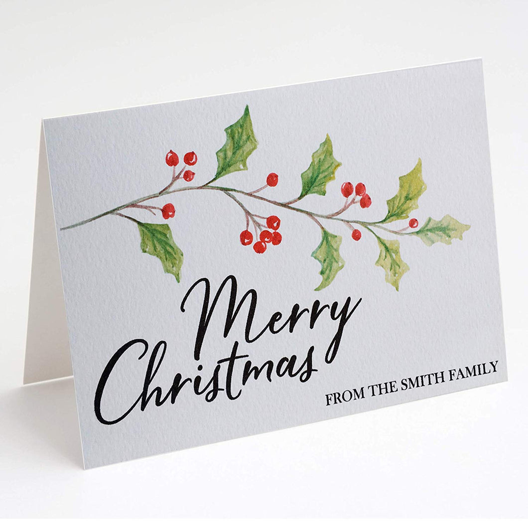 Merry Christmas Cards With Envelopes - Family Surname Holly Design