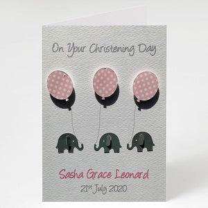 Elephant Balloon Girls Christening Card - Baptism, Naming Day Etc