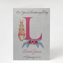 Load image into Gallery viewer, Peter Rabbit A-Z Personalised Girls Christening Watercolour Card - Baptism, Naming Day Etc
