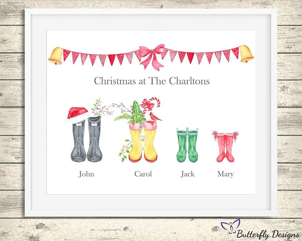 Christmas Wellington Boots Family Watercolour Print - Design 2