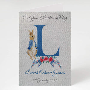 Peter Rabbit A-Z Personalised Boys Christening Watercolour Card - Baptism, Naming Day Etc