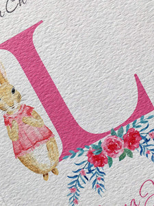 Peter Rabbit A-Z Personalised Girls Christening Watercolour Card - Baptism, Naming Day Etc