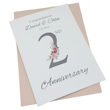 Load image into Gallery viewer, 2nd Anniversary Card - Cotton 2 Year Second Wedding Anniversary Luxury Greeting Card Personalised - Floral Number
