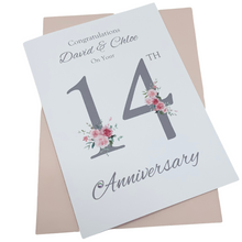 Load image into Gallery viewer, 14th Wedding Anniversary Card - Ivory 14 Year Fourteenth Anniversary Luxury Greeting Card, Personalised - Floral Number

