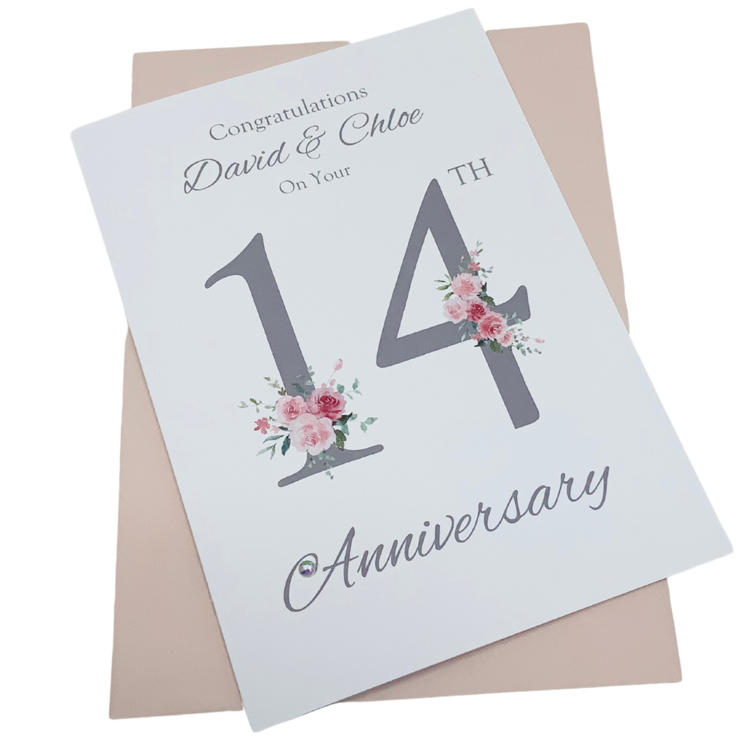 14th Wedding Anniversary Card - Ivory 14 Year Fourteenth Anniversary Luxury Greeting Card, Personalised - Floral Number