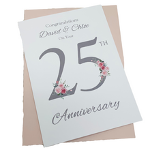 Load image into Gallery viewer, 25th Wedding Anniversary Card - Silver 25 Year Twenty Fifth Anniversary Luxury Greeting Card, Personalised - Floral Number
