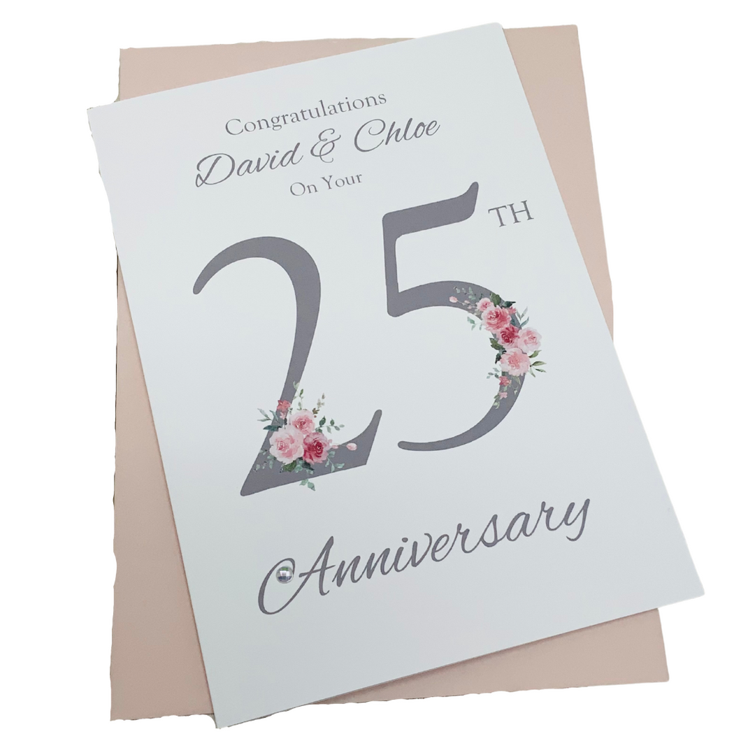 25th Wedding Anniversary Card - Silver 25 Year Twenty Fifth Anniversary Luxury Greeting Card, Personalised - Floral Number