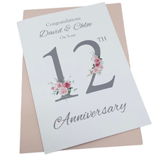 Load image into Gallery viewer, 12th Wedding Anniversary Card - Silk 12 Year Twelfth Anniversary Luxury Greeting Card, Personalised - Floral Number
