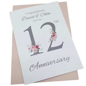 12th Wedding Anniversary Card - Silk 12 Year Twelfth Anniversary Luxury Greeting Card, Personalised - Floral Number