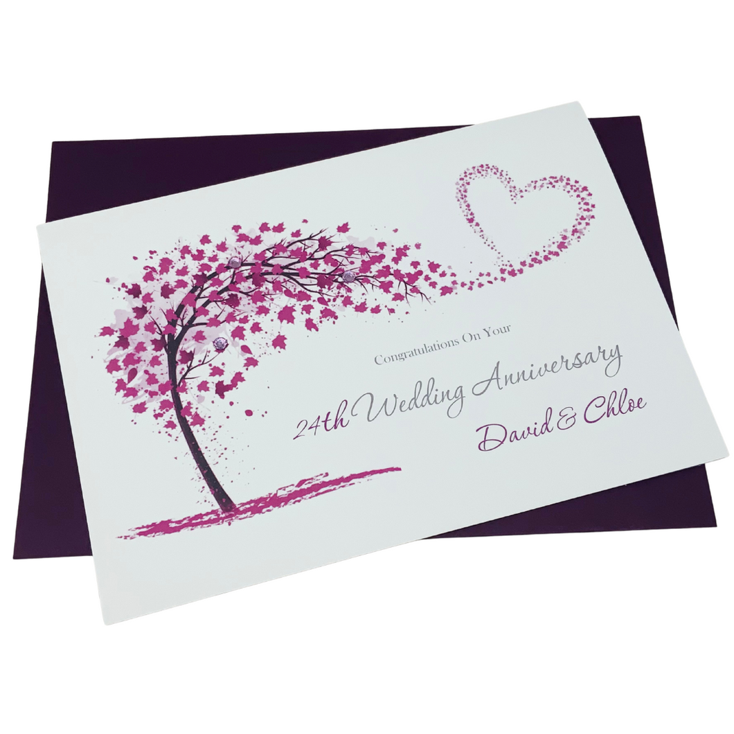 24th Wedding Anniversary Card - Opal 24 Year Twenty Fourth Anniversary Luxury Greeting Card, Personalised - Sweeping Heart