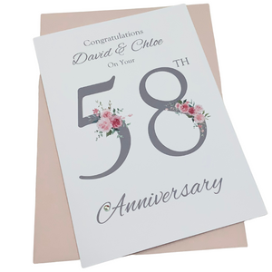 58th Wedding Anniversary Card - Hope & Faith 58 Year Fifty Eighth Anniversary Luxury Greeting Card, Personalised  - Floral Number