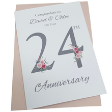 Load image into Gallery viewer, 24th Wedding Anniversary Card - Opal 24 Year Twenty Fourth Anniversary Luxury Greeting Card, Personalised - Floral Number
