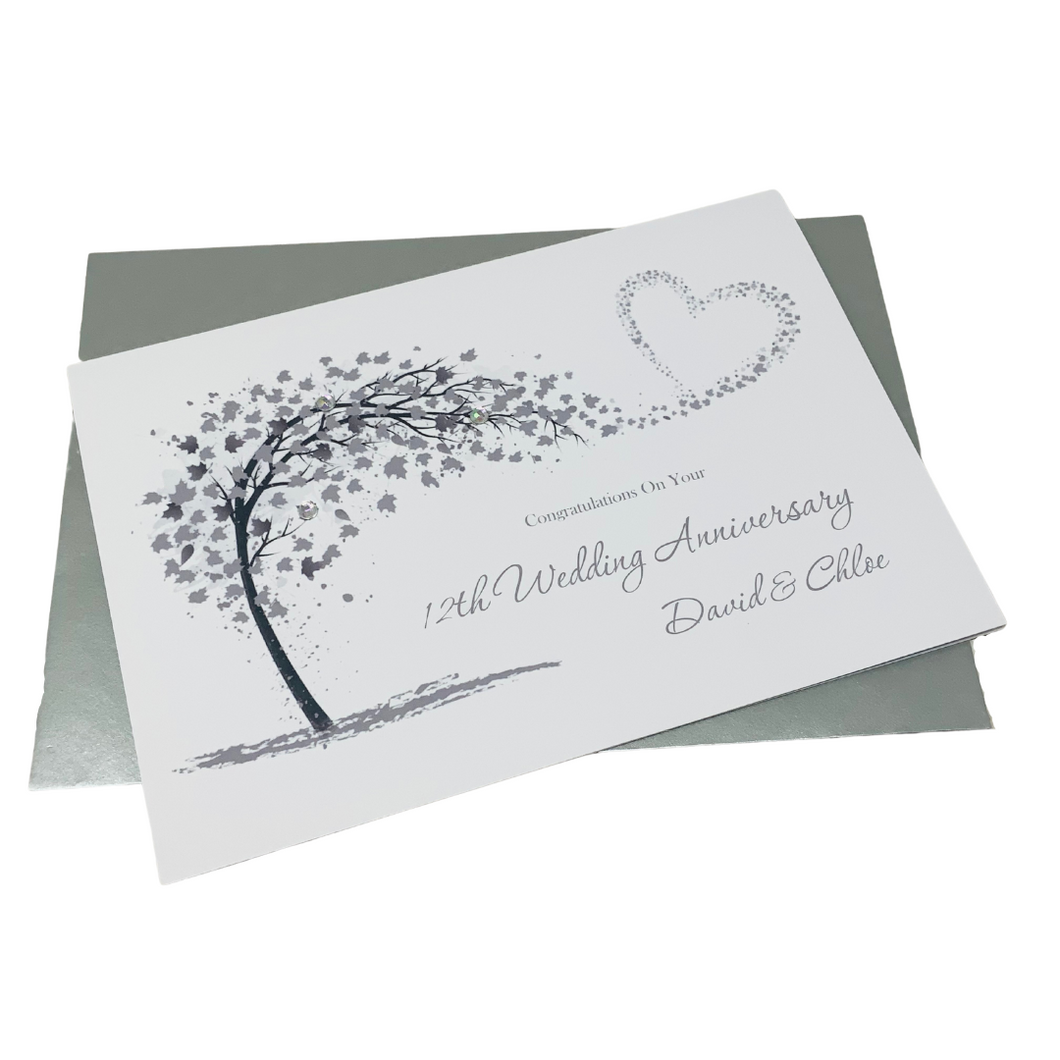 12th Wedding Anniversary Card - Silk 12 Year Twelfth Anniversary Luxury Greeting Card, Personalised - Sweeping Heart